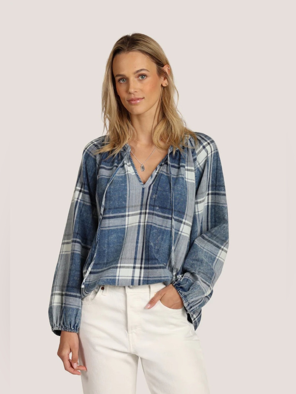 Dylan Miller Denim Plaid Tie Neck Cotton Blouse, size XS